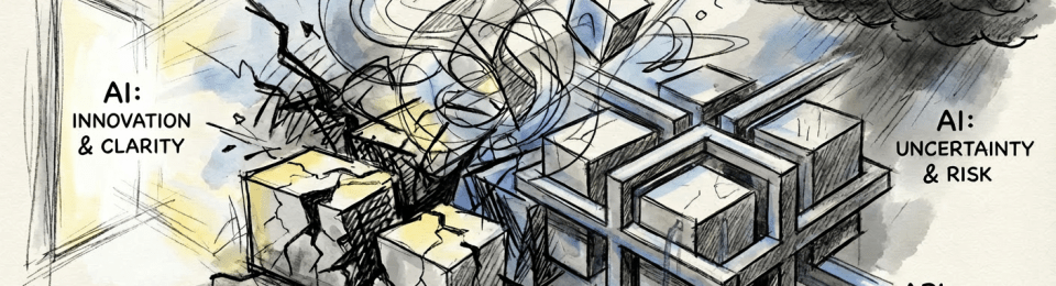 Abstract sketch: AI AGENTS DISRUPTING SaaS, APIs STABILIZING. AI: INNOVATION & CLARITY, AI AGENTS, SaaS PLATFORMS, AI: UNCERTAINTY & RISK, APIs.