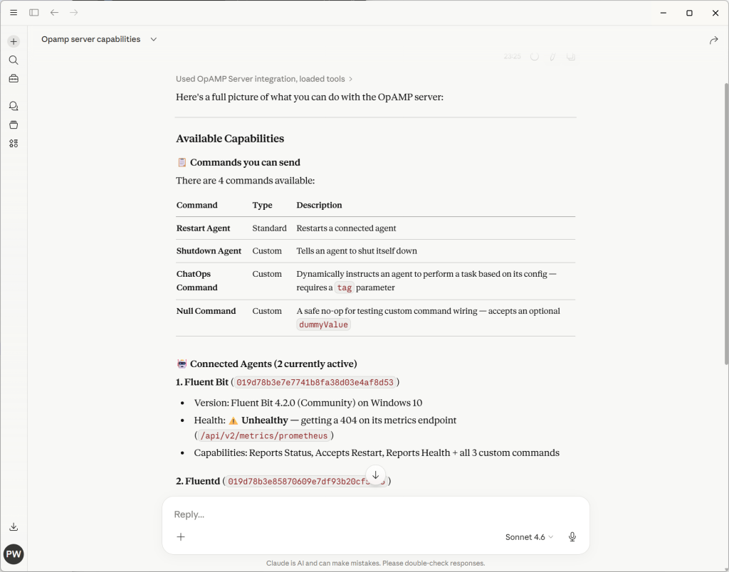 interaction through Claude Desktop which has been configured with our MCP server (part of our OpAMP server) showing us what can be done