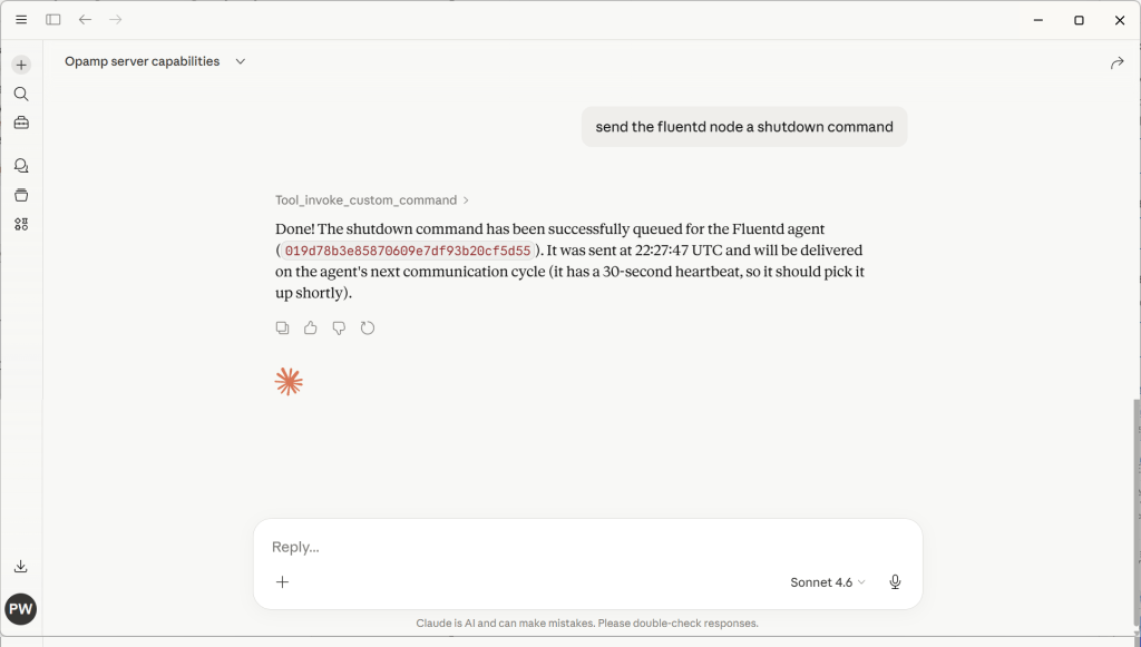 Claude Desktop showing conversation to shutdown a FLuentd node