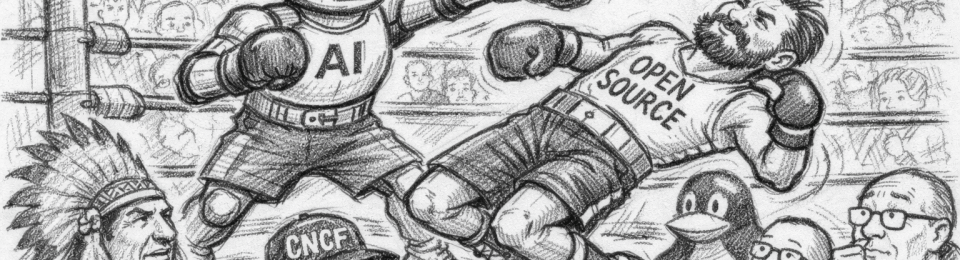 AI and Open-Source in a boxing ring with open-source dodging a punch